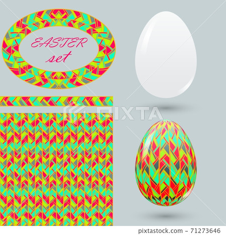 Set with painted Easter eggs and design details zenart style. Motley spring ornamental brush seamless pattern and frame for announcements, greeting cards, posters, advertisement. 71273646