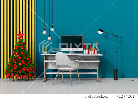Christmas interior workspace with computer. 3d render Christmas interior workspace with computer. 3d render 71274201