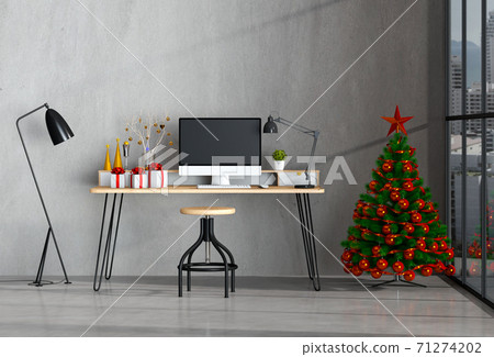 Christmas interior workspace with computer. 3d render Christmas interior workspace with computer. 3d render 71274202