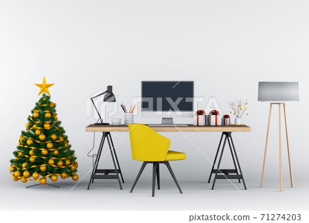 Christmas interior workspace with computer. 3d render Christmas interior workspace with computer. 3d render 71274203