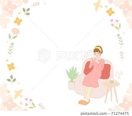 Woman drinking hot drink and flower frame 71274475