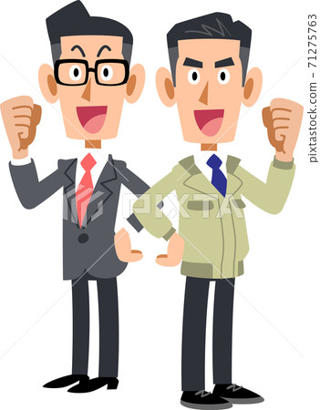 A man in a suit and a man in work clothes that guts pose back to back 71275763