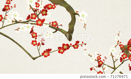 Simple background of red and white plum and Japanese paper-There are multiple variations 71276971