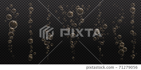 Gold fizzy bubbles. Sparkles champagne. Fizzy pop and effervescent drink. Abstract fresh soda and air bubbles, oxygen, champagne crystal. Vector illustration on black transparent background. Gold fizzy bubbles. Sparkles champagne. Fizzy pop and effervescent drink. Abstract fresh soda and air bubbles, oxygen, champagne crystal. Vector illustration on black transparent background. 71279056