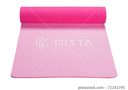pink fitness mat or for yoga, a roll is slightly unwound, on a white background isolated 71281795