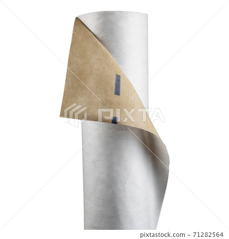 a roll of beige waterproof fabric for roof sealing, roofing materials, on a white background a roll of beige waterproof fabric for roof sealing, roofing materials, on a white background 71282564