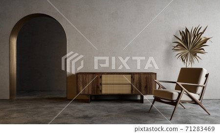Modern minimalistic interior with arch, dresser, lounge chair and decor. 3d render illustration mockup. Modern minimalistic interior with arch, dresser, lounge chair and decor. 3d render illustration mockup. 71283469