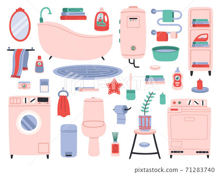 Bathroom interior. Bath tools, toilette utensils, bathtub, toilet, washer and dryer. Bathroom interior accessories vector symbols set Bathroom interior. Bath tools, toilette utensils, bathtub, toilet, washer and dryer. Bathroom interior accessories vector symbols set 71283740