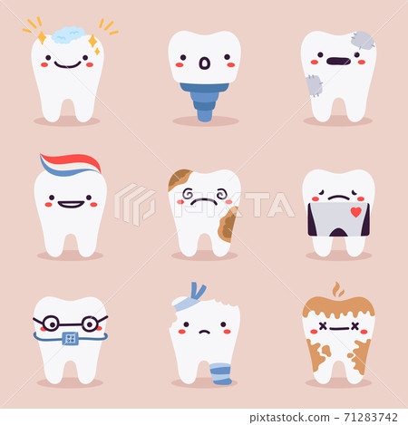 Cute teeth mascots. Dental teeth characters with dentistry problems, treatments, tooth healthcare and hygiene vector illustration symbols set Cute teeth mascots. Dental teeth characters with dentistry problems, treatments, tooth healthcare and hygiene vector illustration symbols set 71283742