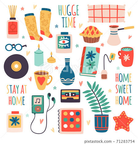 Hygge scandinavian doodle elements. Home accessories, house plant, tea mug, pillow and book, cozy interior elements vector illustration set Hygge scandinavian doodle elements. Home accessories, house plant, tea mug, pillow and book, cozy interior elements vector illustration set 71283754