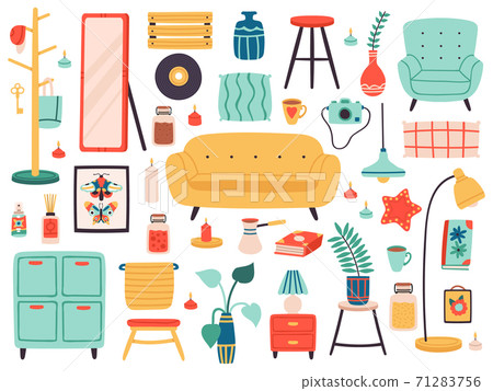 Hygge interior elements. Doodle furniture and comfortable cozy home accessories, living room interior elements isolated vector illustration set 71283756
