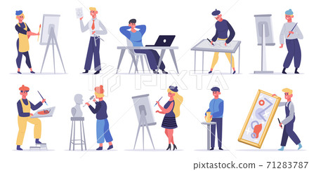 Artists creative characters. Artistic professions, painter, sculptor and craftsman. Male and female creators artists vector illustration set Artists creative characters. Artistic professions, painter, sculptor and craftsman. Male and female creators artists vector illustration set 71283787