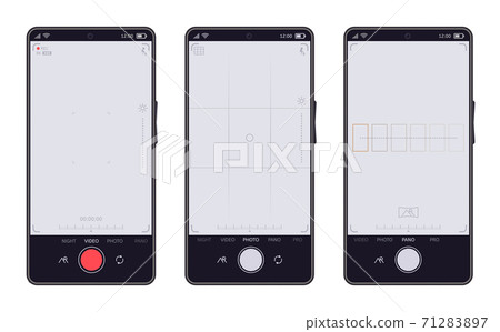 Smartphone camera interface. Mobile phones video and photo app, mobile viewfinder screens. Phone camera display vector symbols set Smartphone camera interface. Mobile phones video and photo app, mobile viewfinder screens. Phone camera display vector symbols set 71283897