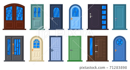 Entrance doors. Wood doorway, closed doors with glass panels and metal handles, house entrance. Building exterior elements vector illustrations 71283898