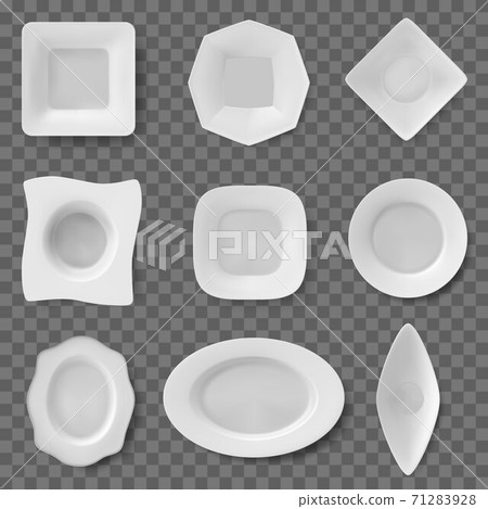 Realistic food dish. Plate dish, ceramic tableware, restaurant and household kitchenware, dishes and bowls. White food plates vector illustrations Realistic food dish. Plate dish, ceramic tableware, restaurant and household kitchenware, dishes and bowls. White food plates vector illustrations 71283928