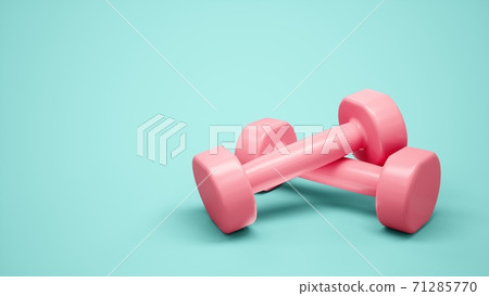 3D Rendering Pink Dumbbells for sports isolated on blue background 3D Rendering Pink Dumbbells for sports isolated on blue background 71285770