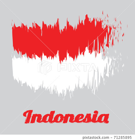 Brush style color flag of Indonesia, a horizontal bicolor of red and white, with name text Indonesia 71285895