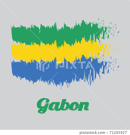 Brush style color flag of Gabon, A horizontal triband of green, gold and blue. with name text Gabon. 71285927