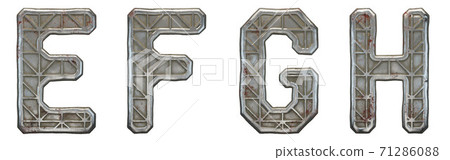 Set of capital letters E, F, G, H made of industrial metal isolated on white background. 3d Set of capital letters E, F, G, H made of industrial metal isolated on white background. 3d 71286088