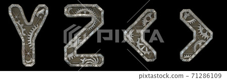 Mechanical alphabet made from rivet metal with gears on black background. Set of letters Y, Z and symbol left, right angle bracket. 3D Mechanical alphabet made from rivet metal with gears on black background. Set of letters Y, Z and symbol left, right angle bracket. 3D 71286109