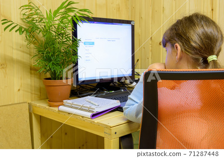 A student learns lessons in a computer with online distance learning 71287448