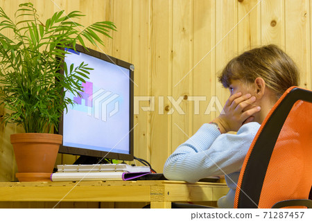 The girl thought while solving a problem in a computer as part of distance learning 71287457