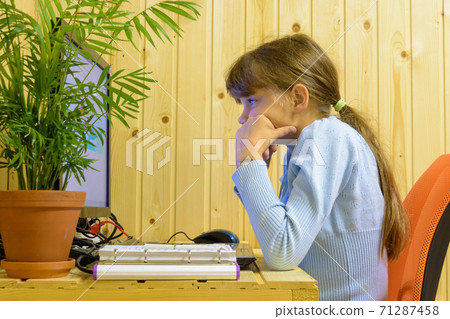 The girl thought hard while solving a problem in the computer 71287458
