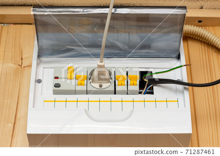Electric switchboard located inside a country house and with a temporary wire connection 71287461
