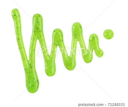 Pistachio jam drizzle isolated on white background. Splashes of green jam. Top view. Pistachio jam drizzle isolated on white background. Splashes of green jam. Top view. 71288331