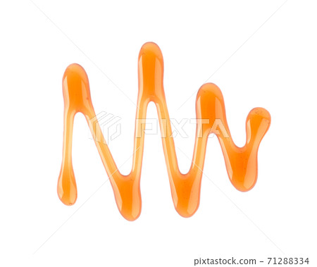 Maple syrup drizzle isolated on white background. Splashes of sweet maple syrup. Top view. 71288334