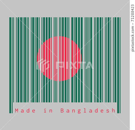 Barcode set the color of Bangladesh flag, A red disc on a green field. with text 71288423