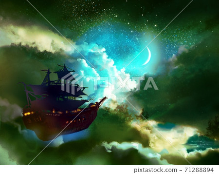 Fantasy background of an airship floating in the night sky where the moon shines Fantasy background of an airship floating in the night sky where the moon shines 71288894