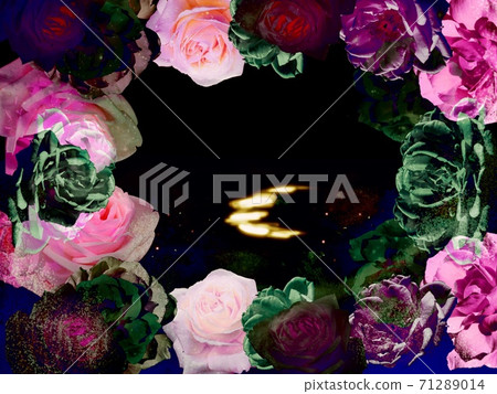 Illustration of a girly rose frame and a crescent moon reflecting off the lake Illustration of a girly rose frame and a crescent moon reflecting off the lake 71289014