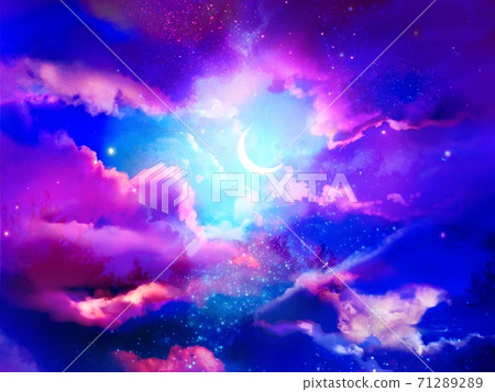 閃亮的藍色新月和夢幻般的月光和日落背景 71289289