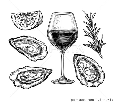 Ink sketch of wineglass and oysters. Ink sketch of wineglass and oysters. 71289615