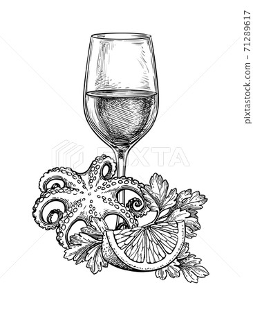 Ink sketch of wineglass and seafood. 71289617