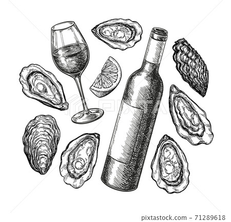 Ink sketch of wine and oysters. 71289618