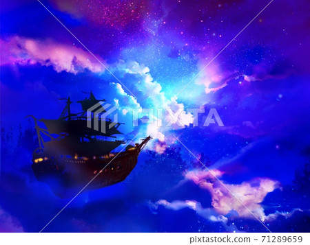 漂浮在夢幻般的夜空中的海盜船和月光的剪影 漂浮在夢幻般的夜空中的海盜船和月光的剪影 71289659