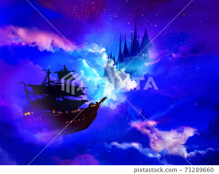 Silhouette of a pirate ship floating in a fantastic night sky, the moon and a western castle Silhouette of a pirate ship floating in a fantastic night sky, the moon and a western castle 71289660