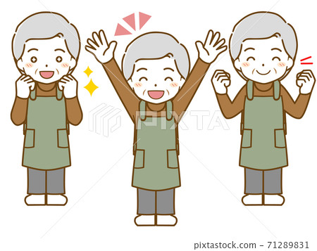 一位老人穿著圍裙的有趣表情 一位老人穿著圍裙的有趣表情 71289831
