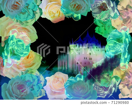 A night view background illustration with a mysterious colorful rose frame and a western castle shining 71290980