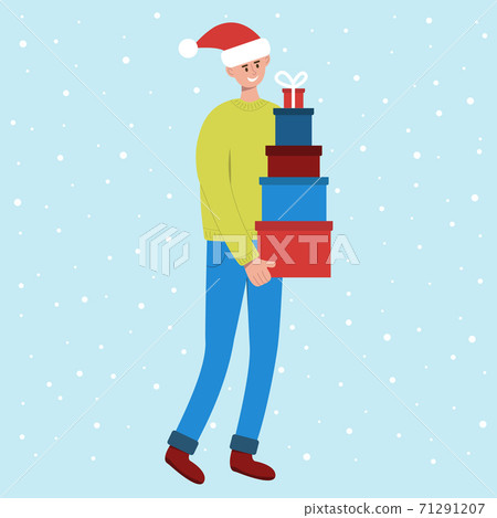 Smiling man in santa hat carrying tall stack of colored gift boxes. Preparing for Christmas and New Year celebration. Vector illustration in flat style 71291207