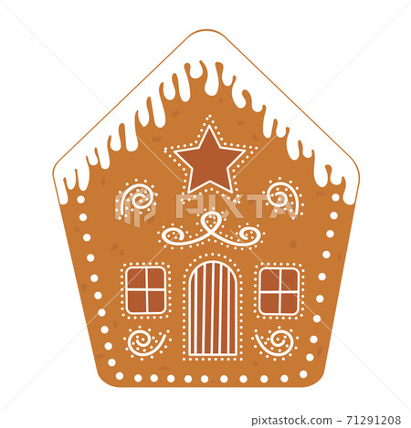Gingerbread house, traditional Christmas cookie and decoration. Ginger biscuit with glaze. Vector flat illustration 71291208