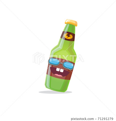 vector cartoon funky beer bottle character with sunglasses isolated on white background. Vector funny beer label or poster design template. International beer day cartoon comic poster or banner vector cartoon funky beer bottle character with sunglasses isolated on white background. Vector funny beer label or poster design template. International beer day cartoon comic poster or banner 71291279