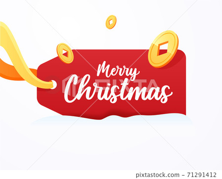 Christmas Red label for prices, holiday greetings, discounts and sale. Lying red tag in the snow with gold coins and orange ribbon in flat style isolated on white background. Christmas Red label for prices, holiday greetings, discounts and sale. Lying red tag in the snow with gold coins and orange ribbon in flat style isolated on white background. 71291412