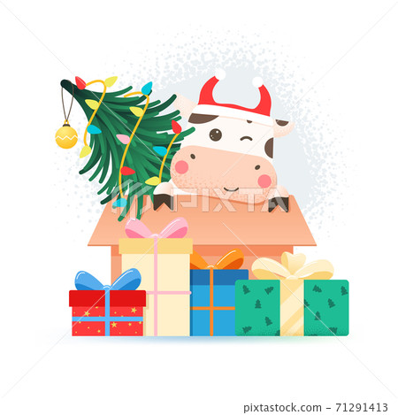 2021 year of the ox. Happy cute bull in Santa hat sitting in cardboard box with Christmas tree. Greeting card for Merry Christmas and happy new year. Ox with gift boxes, garland and Christmas tree. 71291413