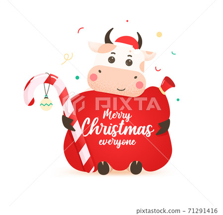2021 year of the ox. Happy cute bull in Santa hat hugs a large red santa bag. Year of the bull. Greeting card for Merry Christmas and happy new year. Cute ox with Santa bag and candy. 2021 year of the ox. Happy cute bull in Santa hat hugs a large red santa bag. Year of the bull. Greeting card for Merry Christmas and happy new year. Cute ox with Santa bag and candy. 71291416