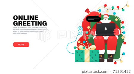 Happy Santa Claus working with laptop in cozy, armchair, takes orders, greeting online, checks mail or Answering on children's requests via laptop. Landing page with gifts, garlands around Santa. 71291432