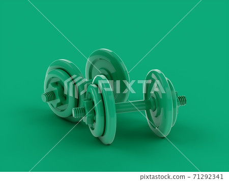 3D rendering Green Dumbbells for sports isolated on green background 3D rendering Green Dumbbells for sports isolated on green background 71292341