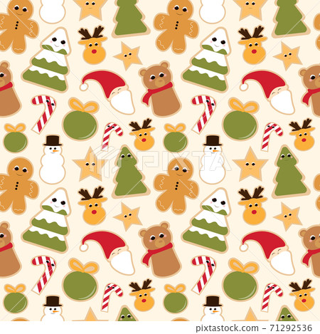 Christmas cookies seamless pattern on light yellow background for wrapping paper or textile, cute sweets Christmas cookies seamless pattern on light yellow background for wrapping paper or textile, cute sweets 71292536